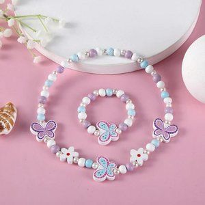 Wooden Beaded Handmade Butterflies & Flowers Necklace & Bracelet Set